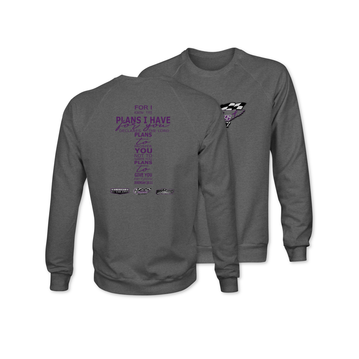 Dirt Track Racers for Recovery Gunmetal Jeremiah 29:11 Crewneck