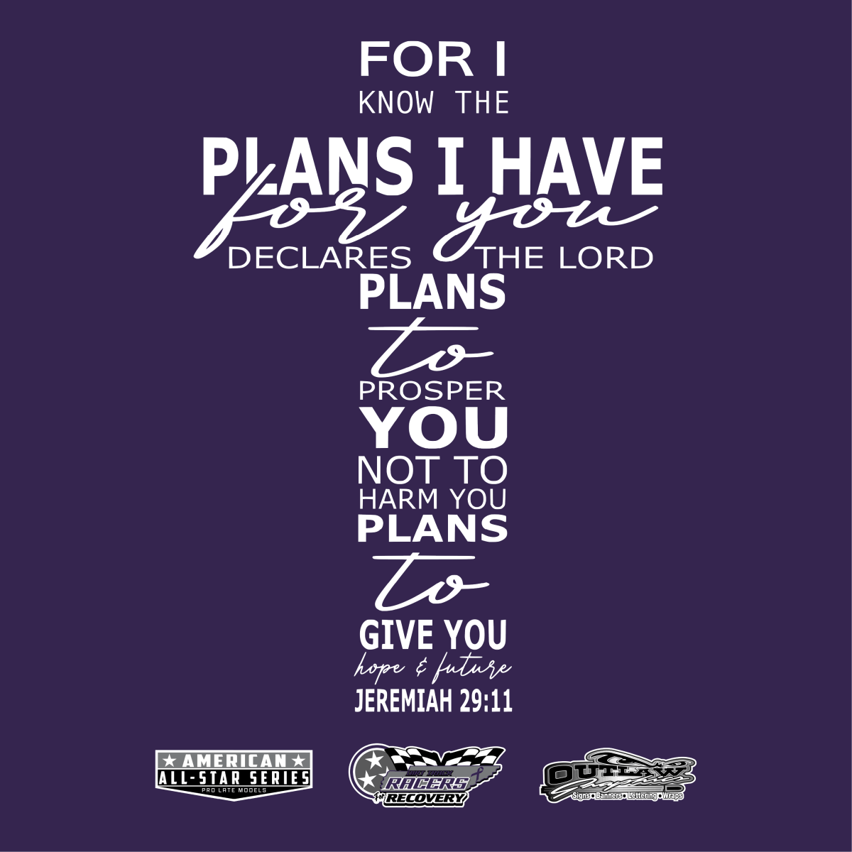 Dirt Track Racers for Recovery Purple Jeremiah 29:11 Long Sleeve